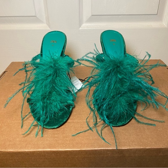 Zara Feathered Velvet Heels Size 6 - Picture 3 of 13